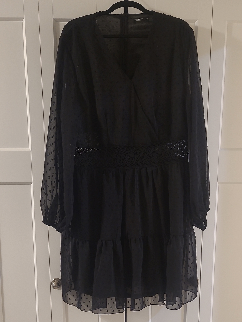 Shein Women's Black Swiss Dot Lace-Waist Tiered Dress